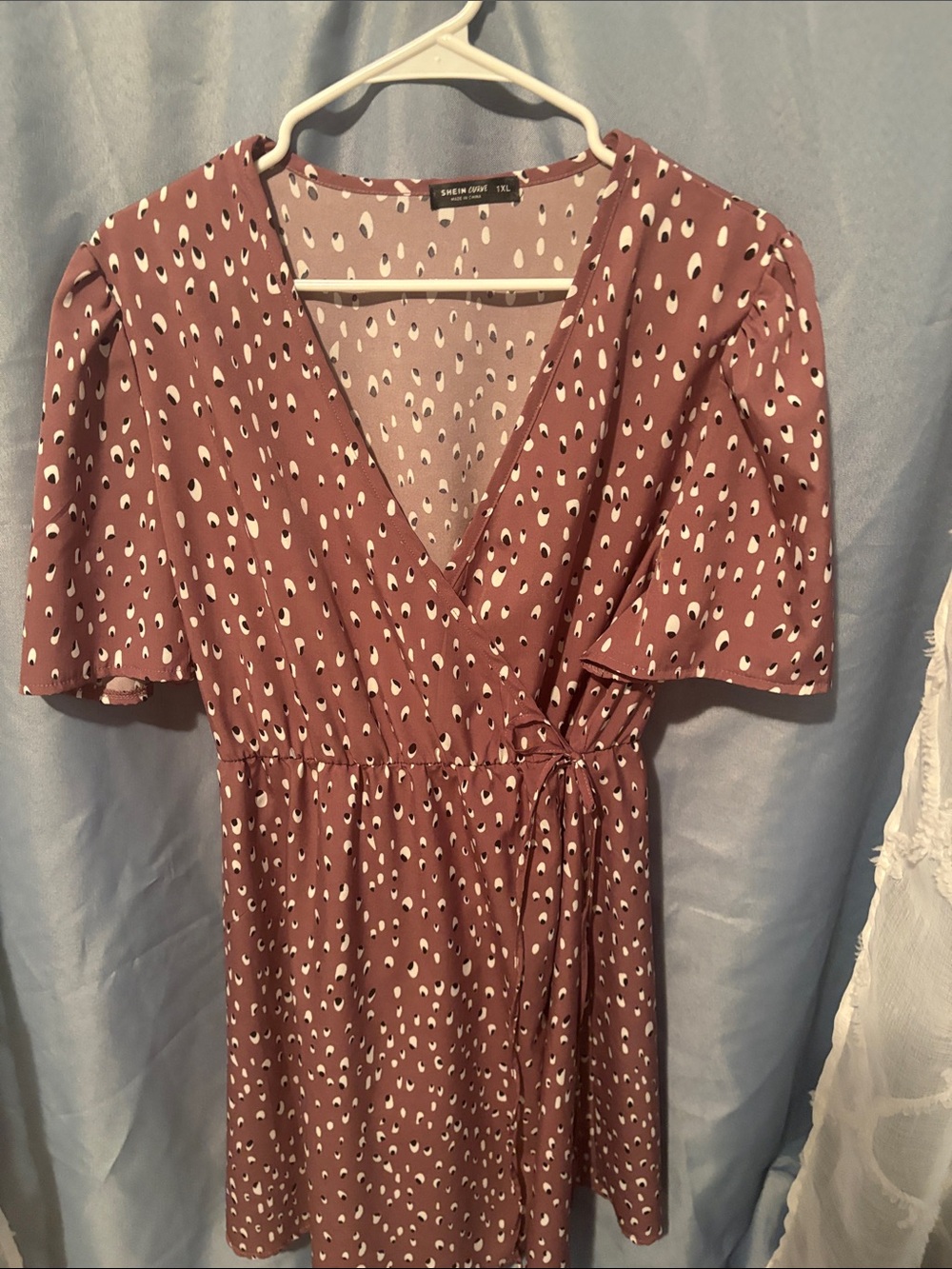 SHEIN Mauve Wrap Mini Dress with White Spot Print